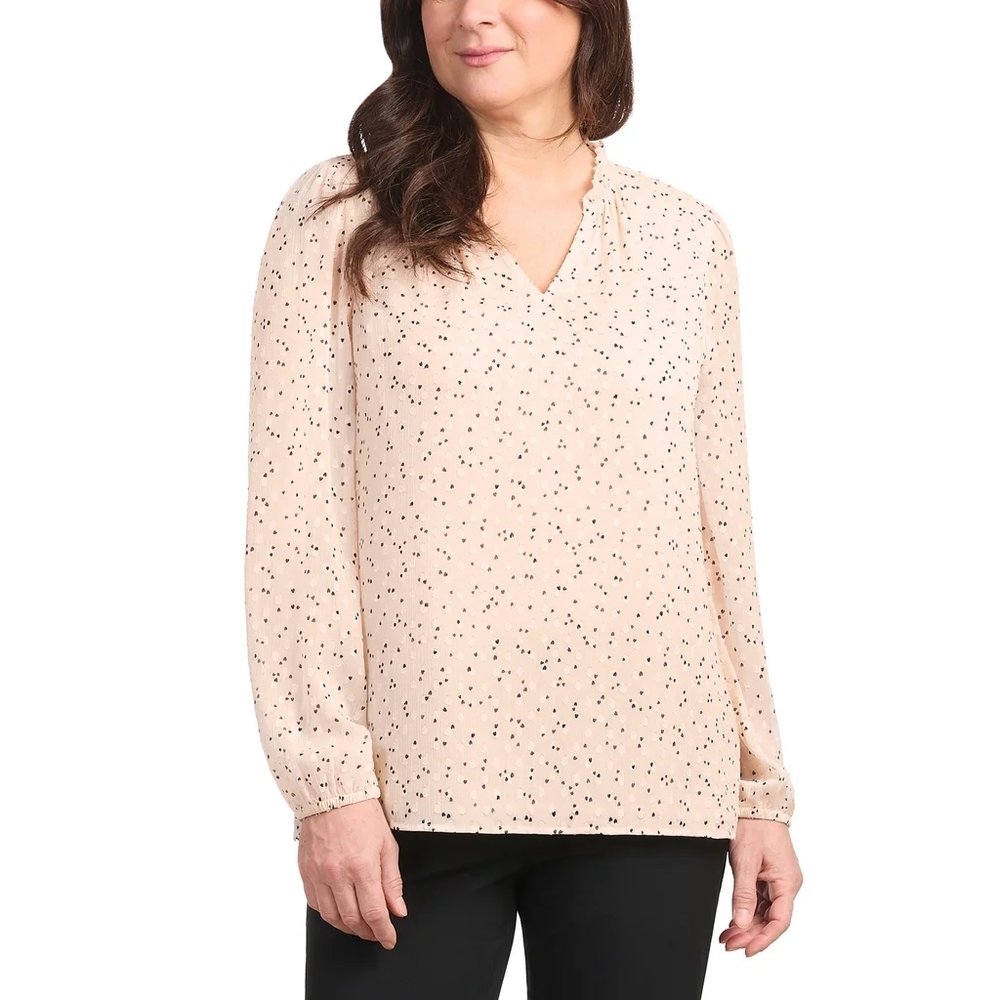 Women's Light Peach Cream Long Sleeve Blouse with Black Dots, Size L - Picture 1 of 7